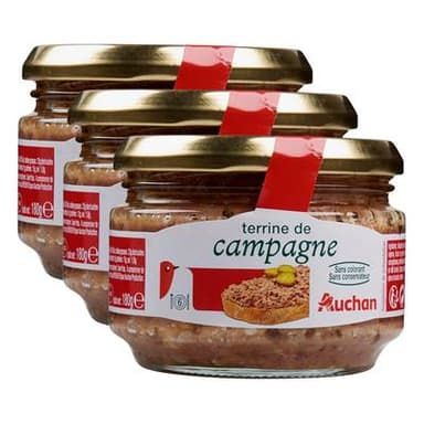 Auchan Terrine de campagne sans colorant sans conservateur, Lot de 3x180g