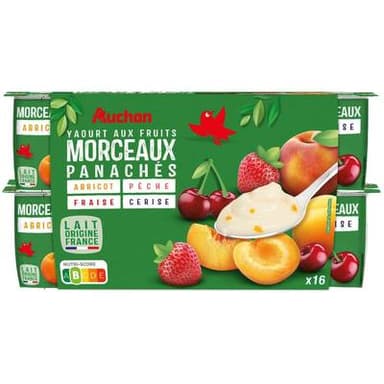 Auchan Yaourt aux fruits abricot pêche fraise cerise avec morceaux, 16x125g