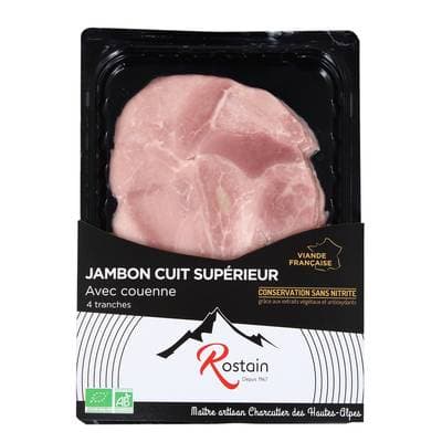 Rostain Jambon cuit bio avec couenne 160g, sans nitrite ajouté, 4 Tranches