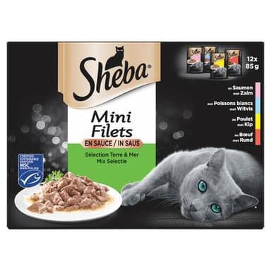 Sheba - Mini Filets Sachets en sauce Poulet, Boeuf, Poissons Blanc, Saumon MSC pour chat, 12x85g
