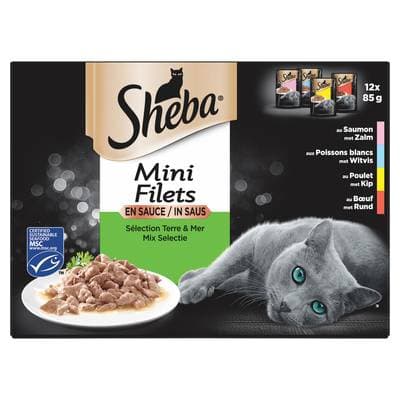 Sheba - Mini Filets Sachets en sauce Poulet, Boeuf, Poissons Blanc, Saumon MSC pour chat, 12x85g