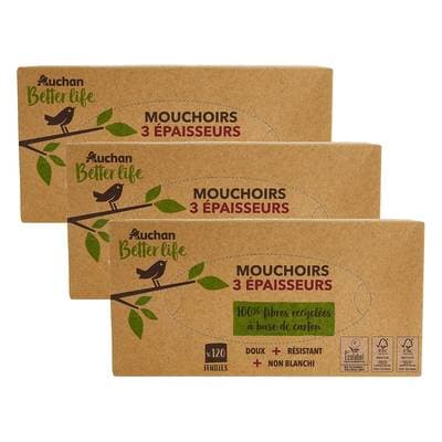 Auchan Better Life Boîte de mouchoirs 3 épaisseurs, Lot de 3x120 mouchoirs