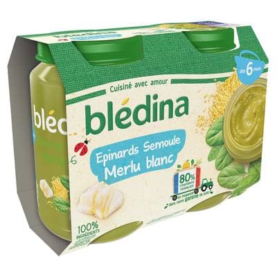 Blédina Epinards Semoule et Merlu Blanc Pot Bébé dès 6 mois, 2x200g