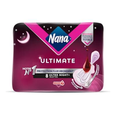 Nana Serviettes Hygiéniques avec Ailettes Ultra Night+ Flux Abondant Ultimate, 8 serviettes