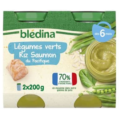 Blédina Légumes Verts Riz Saumon du Pacifique Pot Bébé dès 6 mois, 2x200g