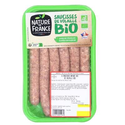 Nature De France Saucisses de Volaille BIO 10%MG, 6 saucisses - 300g