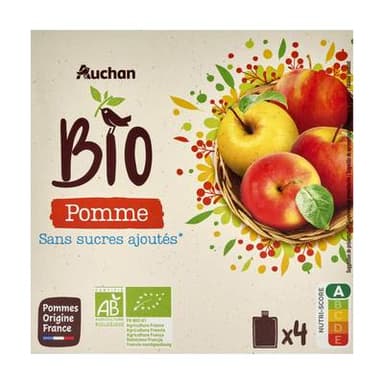 Auchan BIO Gourdes purée de pomme sans sucres ajoutés bio, 4x90g