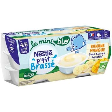 Nestlé - P'tit Brassé Mini Dessert Lacté Banane Mangue Bio Coupelle Bébé Dès 4/6 mois, 6x50g
