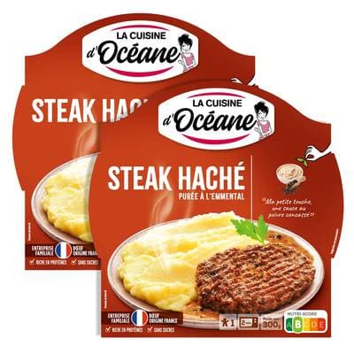 La Cuisine d'Océane Steak haché charolais et purée à l'emmental en barquette individuelle micro-ondable, Lot de 2x300g