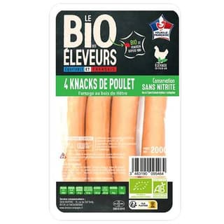 Le Bio des éleveurs Knacks de Poulet Bio Sans Nitrites, 4 pièces - 200g