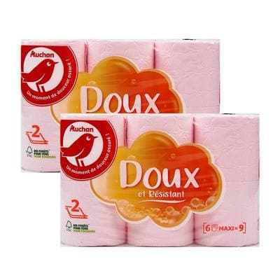 Auchan Papier toilette rose maxi doux et résistant 2 épaisseurs, Lot de 2x6 rouleaux