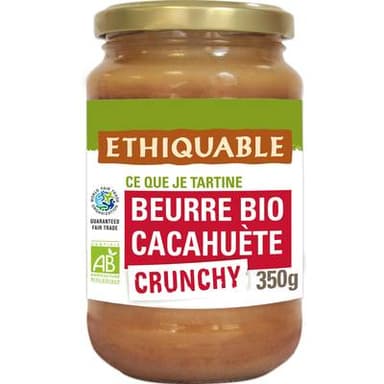 Ethiquable - Commerce Equitable Beurre de cacahcuètes Crunchy Bio d'Équateur, Pérou, Guatemala ou Chine, 350g