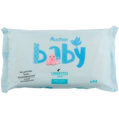Auchan Baby Lingettes bébé à l'eau pure, 64 lingettes