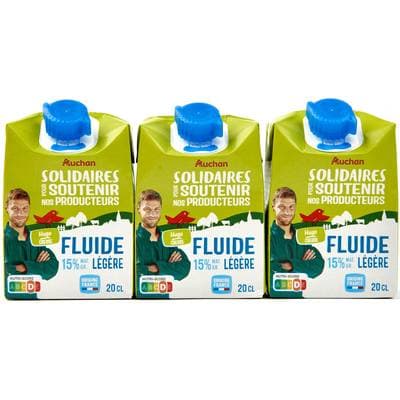 Auchan Solidaires Crème fluide légère 15%mg UHT, 3x20cl
