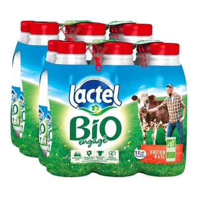 Lactel Lait Bio entier 3,6% mg, Lot de 2 - 6x1L