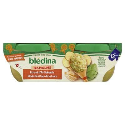 Blédina - Mes Moulinés Ecrasé d'Artichauts Dinde des Pays de la Loire Bol Bébé Dès 12 mois, 2x200g