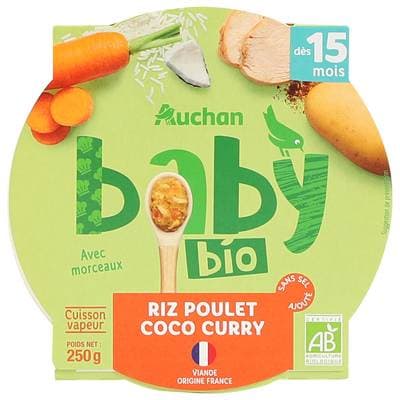 Auchan Baby Bio Riz poulet coco curry Bio Assiette Bébé dès 15 mois, 250g