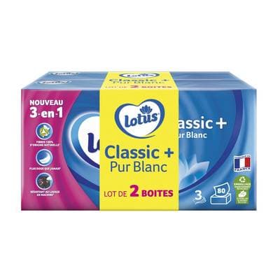 Lotus Mouchoirs en boîte Classic + pur blanc, 2 x 80 mouchoirs