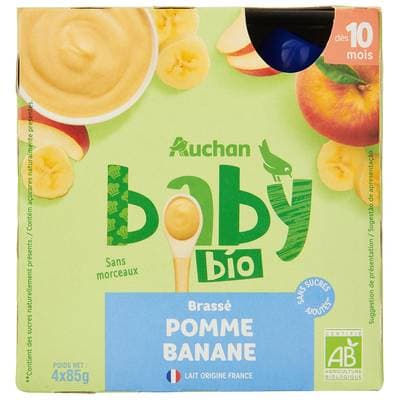 Auchan Baby Bio Dessert lacté Brassé Pomme Banane  Bio Gourde Bébé dès 10 mois, 4x85g