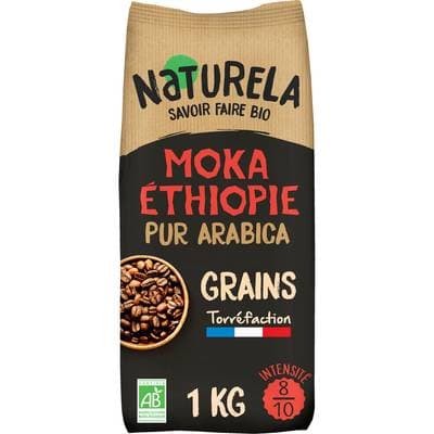 Naturela Café en Grains Moka d'Ethiopie pur Arabica Bio, 1kg