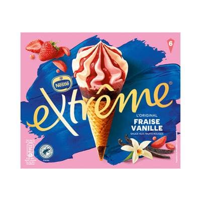 Extrême Cônes glacés fraise vanille et sauce aux fruits rouges, 6 cônes - 426g
