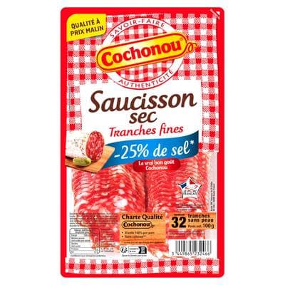 Cochonou Saucisson Sec Tranches Fines Réduit en Sel, 32 tranches - 100g