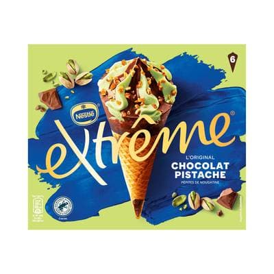 Extrême Cônes glacés chocolat pistache et Pépites de Nougatine, 6 cônes - 426g