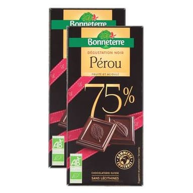 Bonneterre Chocolat noir bio Pérou 75% de cacao, Lot de 2x80g
