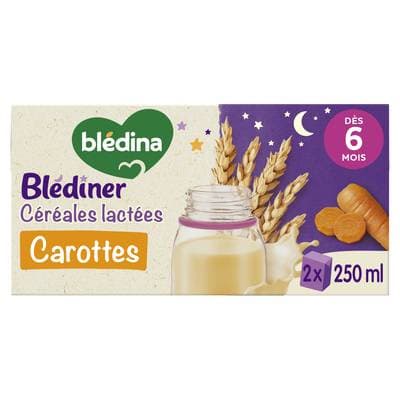 Blédina - Blédîner Céréales lactées Carottes Bébé dès 6 mois, 2x25cl