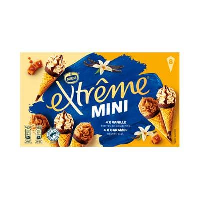 Extrême Mini cônes glacés vanille pépites de nougatine ou Caramel beurre salé, 8 cônes - 312g