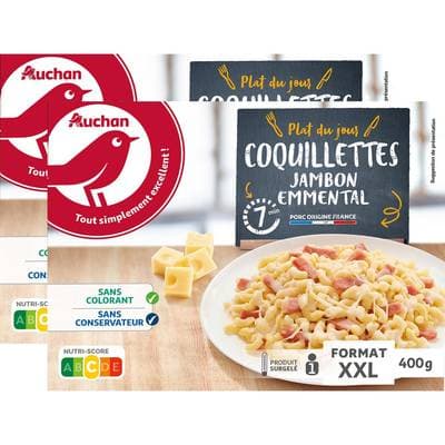 Auchan Coquillette au jambon et emmental, Lot de 2x400g