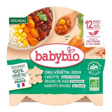 Babybio Chili Végétal doux- Carottes, Maïs, Haricots Rouges Assiette Bébé dès 12 mois, 230g
