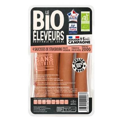 Le Bio des éleveurs Saucisses de Strasbourg bio sans nitrite, 4 pièces - 200g