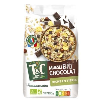 Terres et Céréales Bio Céréales Muesli chocolat avoine noisettes et blé complet bio, 900g