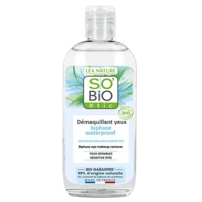 SO'BIO ETIC Démaquillant yeux biphase waterproof, Jus d'Aloe vera bio équitable, yeux sensibles, 100ml