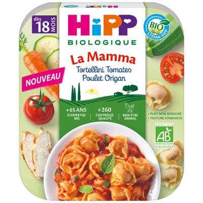Hipp - La Mamma Tortellini Tomate Poulet Orignan Bio Assiette Bébé Dès 18 Mois, 250g
