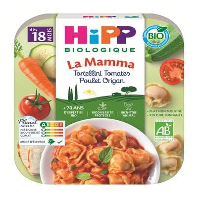 Hipp - La Mamma Tortellini Tomate Poulet Orignan Bio Assiette Bébé Dès 18 Mois, 250g