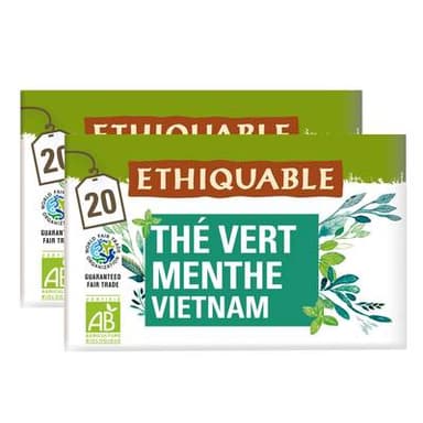 Ethiquable - Commerce Equitable Thé Vert Menthe Bio du Vietnam - 20 sachets, Lot de 2x36g
