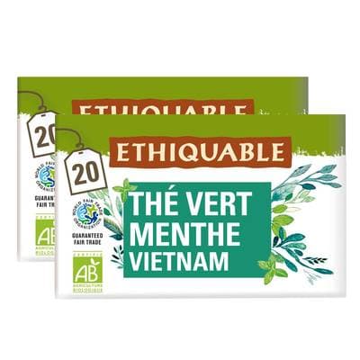 Ethiquable - Commerce Equitable Thé Vert Menthe Bio du Vietnam - 20 sachets, Lot de 2x36g