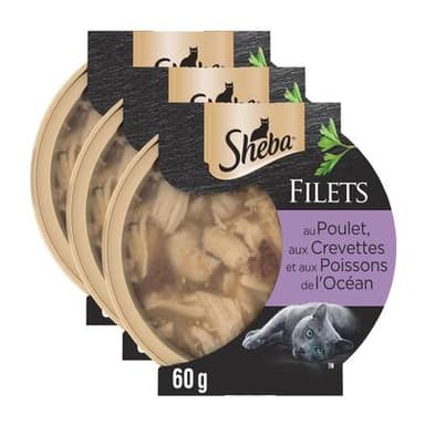 Sheba - Filets Barquette Poulet, Crevettes et Poissons de l'Océan pour chat adulte, Lot de 3x60g