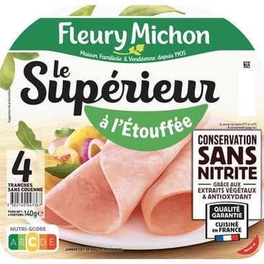 Fleury Michon Jambon Supérieur Cuit à l'Etouffée, Conservation sans Nitrites, 4 tranches - 140g