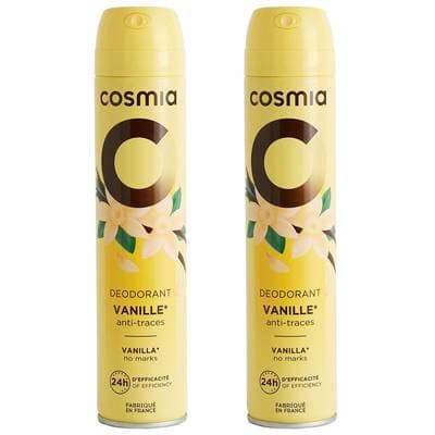 COSMIA Déodorant spray 24h vanille anti-traces sans sels d'Aluminium, Lot de 2x200ml