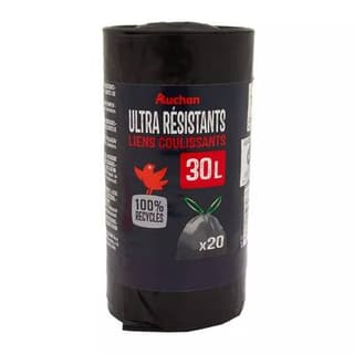 Auchan Sacs poubelle ultra résistants avec liens coulissants 30L, 20 sacs poubelles