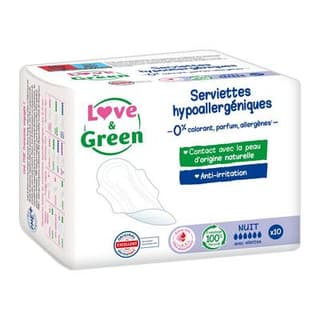 Love & Green Serviettes hygiéniques nuit avec aillettes anti-irritation, 10  serviettes