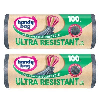 Handy Bag Sacs poubelle 100L avec poignées coulissantes, Lot de 2x10 sacs de 100L