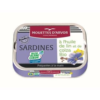 Les Mouettes d'Arvor Sardines à l'huile de lin et de colza bio Bleu Blanc Coeur en conserve, 115g