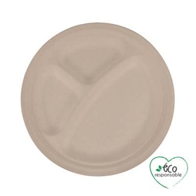 Homea Assiette compartimentée en canne a sucre 23cm naturel, 12 assiettes