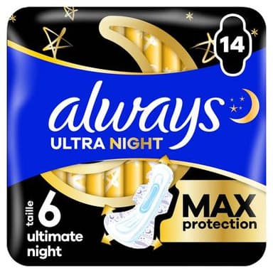 Always Serviettes Hygiéniques avec Ailettes Nuit Taille 6 Ultimate Night, 14 serviettes