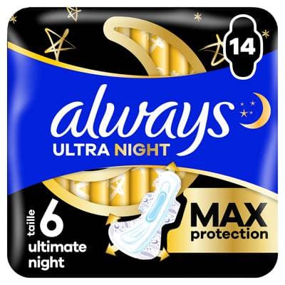 Always Serviettes Hygiéniques avec Ailettes Nuit Taille 6 Ultimate Night, 14 serviettes