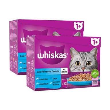 Whiskas Sachets en Gelée Poissons Favoris 4 variétés pour chat adulte, Lot de 2 - 12x85g